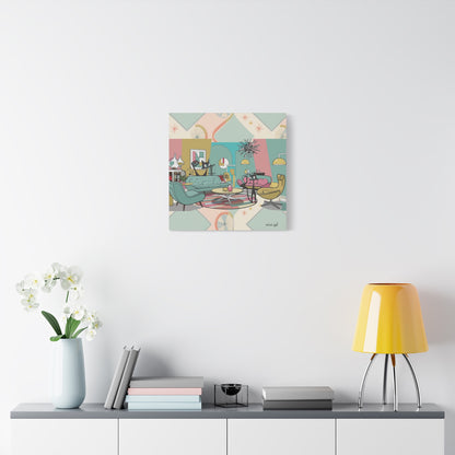 Mid-Century Modern Atomic Cat Kitschy Mod Living Room, Aqua, Pink, Starburst Original Art By MCM GAL - Mid Century Modern Gal