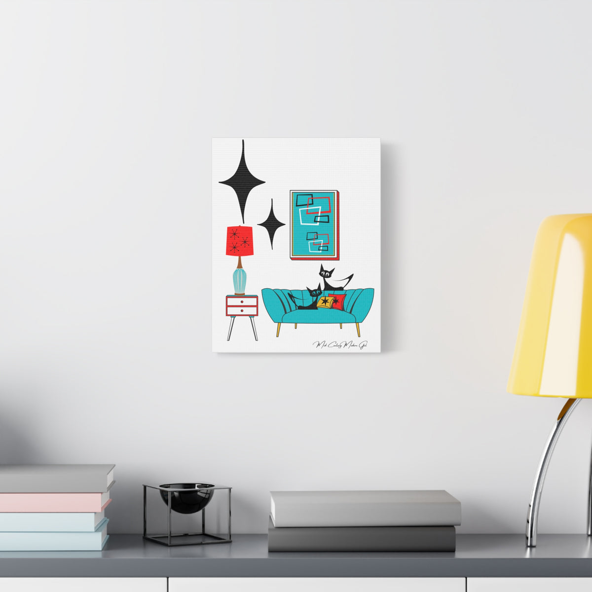 Mid Century Modern Wall Art, Atomic Cat Living Room Retro. Teal Blue, Red, Black Canvas Art - Mid Century Modern Gal