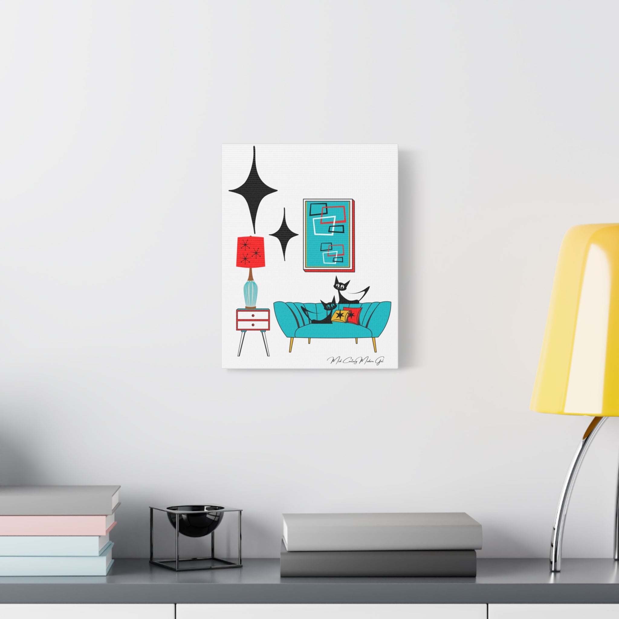 Mid Century Modern Wall Art, Atomic Cat Living Room Retro. Teal Blue, Red, Black Canvas Art - Mid Century Modern Gal