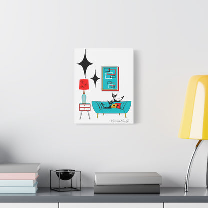 Mid Century Modern Wall Art, Atomic Cat Living Room Retro. Teal Blue, Red, Black Canvas Art - Mid Century Modern Gal