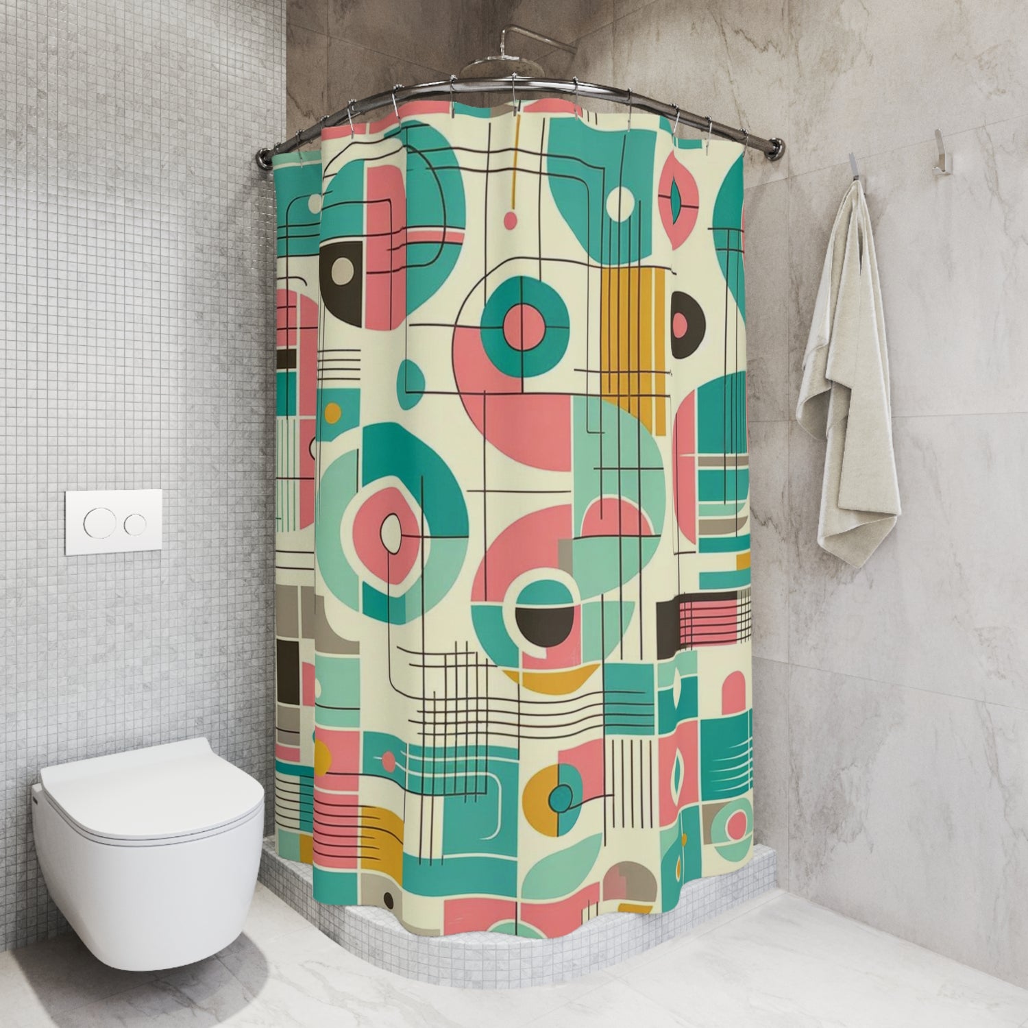 Mid Century Modern Shower Curtain, Geometric Pink, Mint, Abstract Bespoke MCM Retro Shower Curtain