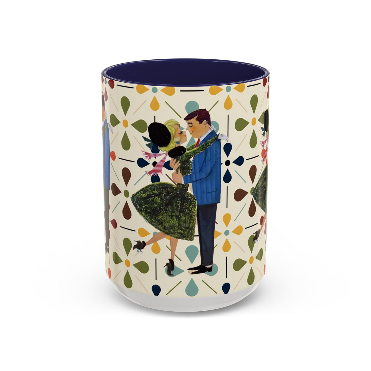 Mid Century Modern 50s Christmas mug featuring a kitschy couple dancing among colorful flower patterns.