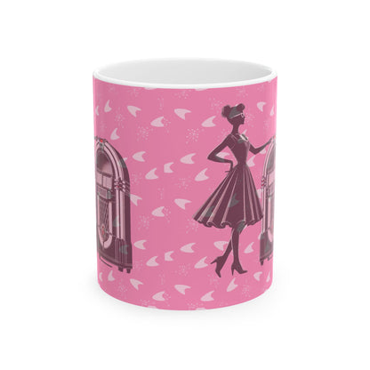 Vintage Retro Jukebox Ceramic Mug, Nostalgic Coffee Cup for Music Lovers, Gifts for Her, Housewarming, Birthday, Pink Design - Mid Century Modern Gal