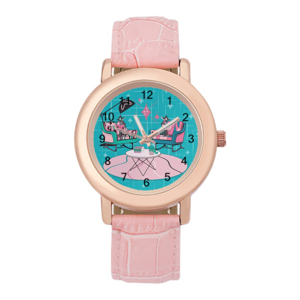 Atomic Reading Cats, Kitschy Mod Book Lover, Book Club Gal Retro Mod Women's Leather Watch