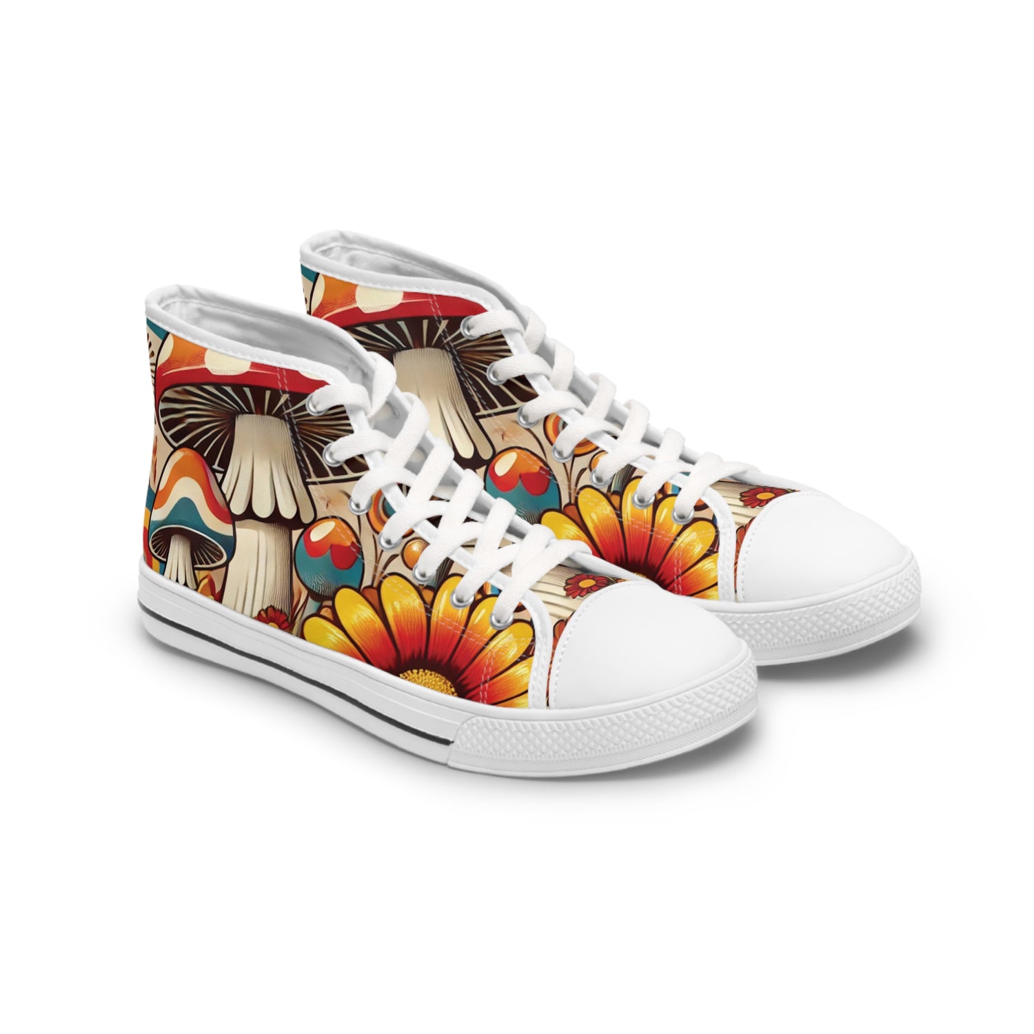 70s Mushroom Flower Power Bohemian Style High Top Sneakers with Floral and Mushroom Design - Mid Century Modern Gal