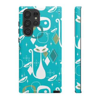 Atomic Cat Space Designs, Mid Century Modern, Aqua, White Kitschy Cat Tough Phone Case