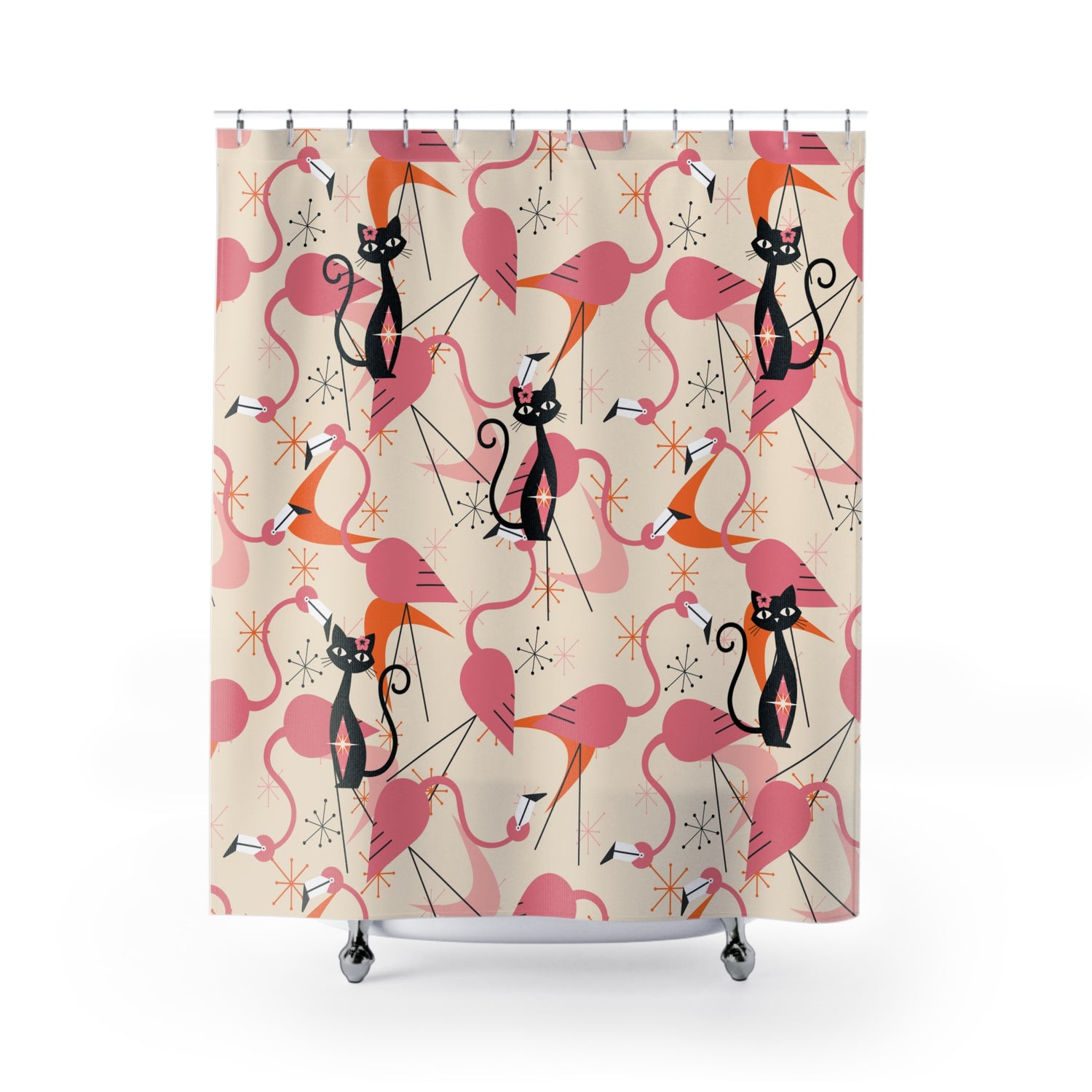 Atomic Cat, Whimsical Flamingos, Kitschy Mid Century Modern Shower Curtain - Stylish Bathroom Decor - Mid Century Modern Gal
