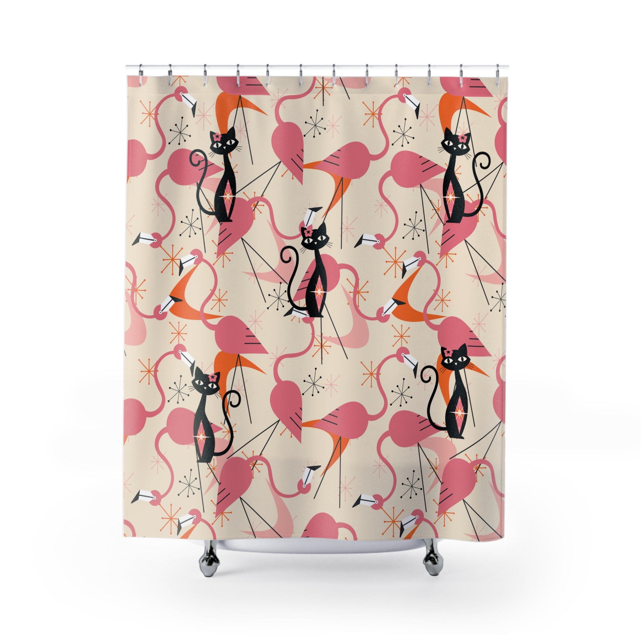 Atomic Cat, Whimsical Flamingos, Kitschy Mid Century Modern Shower Curtain - Stylish Bathroom Decor - Mid Century Modern Gal