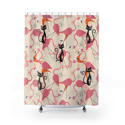 Atomic Cat, Whimsical Flamingos, Kitschy Mid Century Modern Shower Curtain - Stylish Bathroom Decor - Mid Century Modern Gal