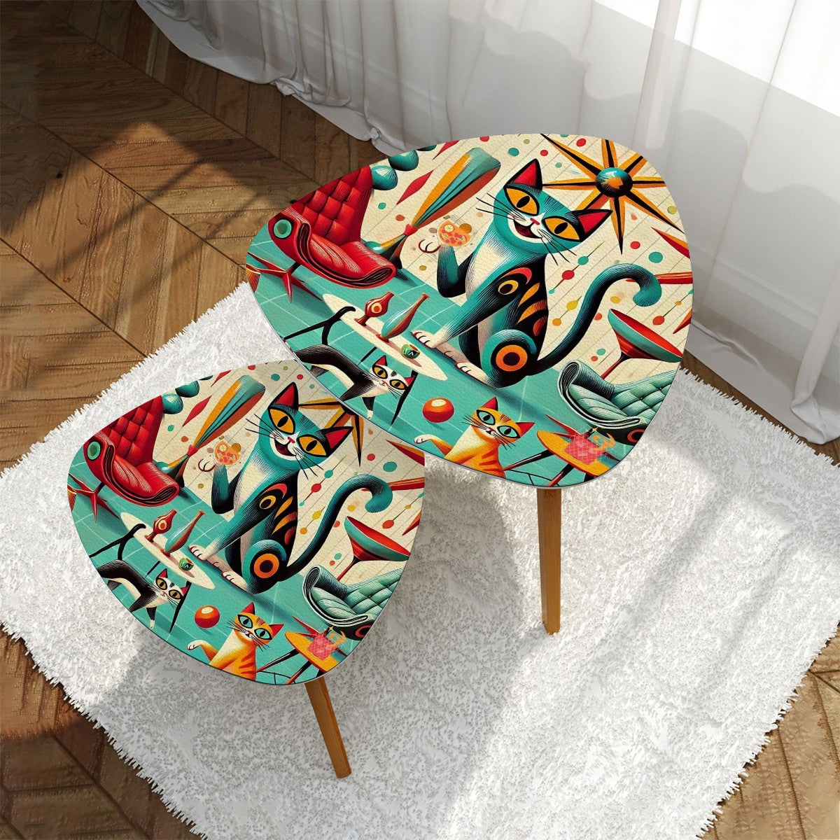 Mid Century Modern Nesting Tables, Cats And Cocktails Triangle Coffee Table Set of 2 - Mid Century Modern Gal