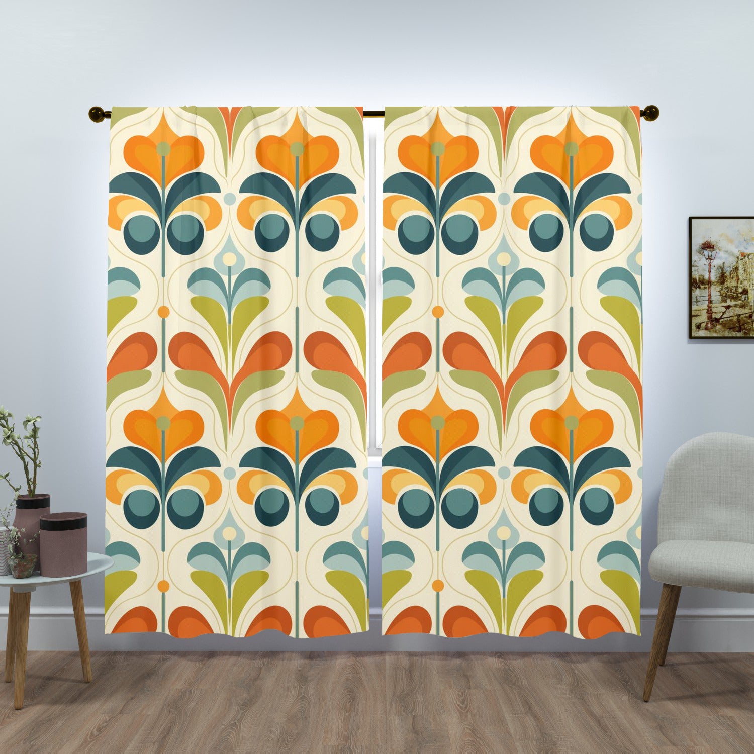 Scandinavian Flower Design, Orange, Green Blue Mid Century Modern Window Curtains (two panels) - Mid Century Modern Gal