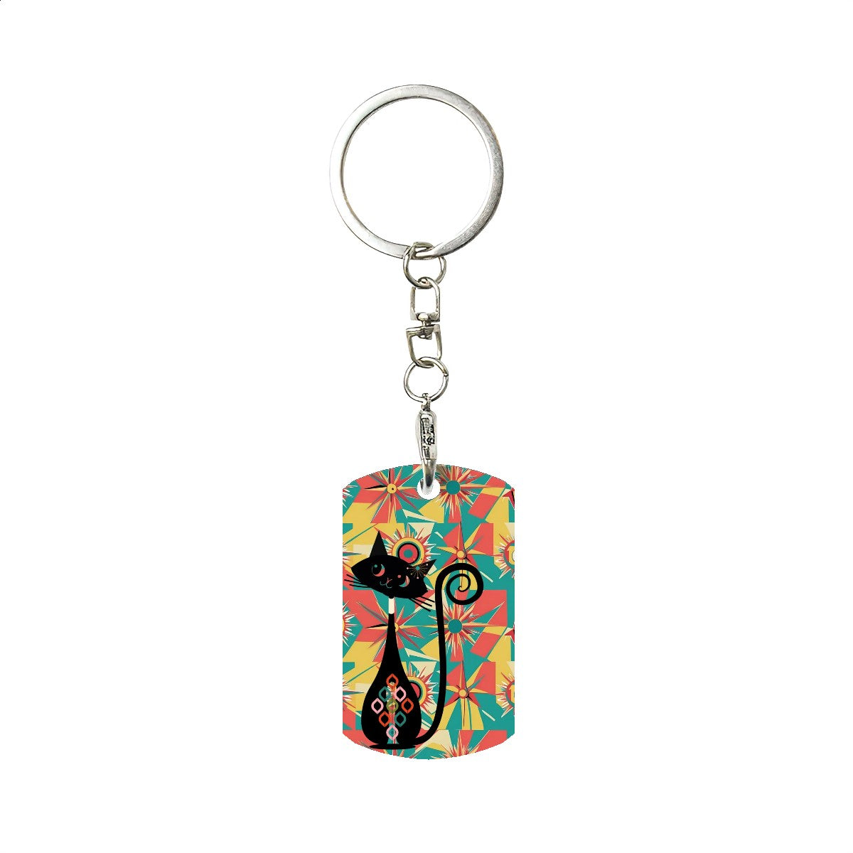 Atomic Cat Mid Mod Rectangular Metal Keychain - Mid Century Modern Gal