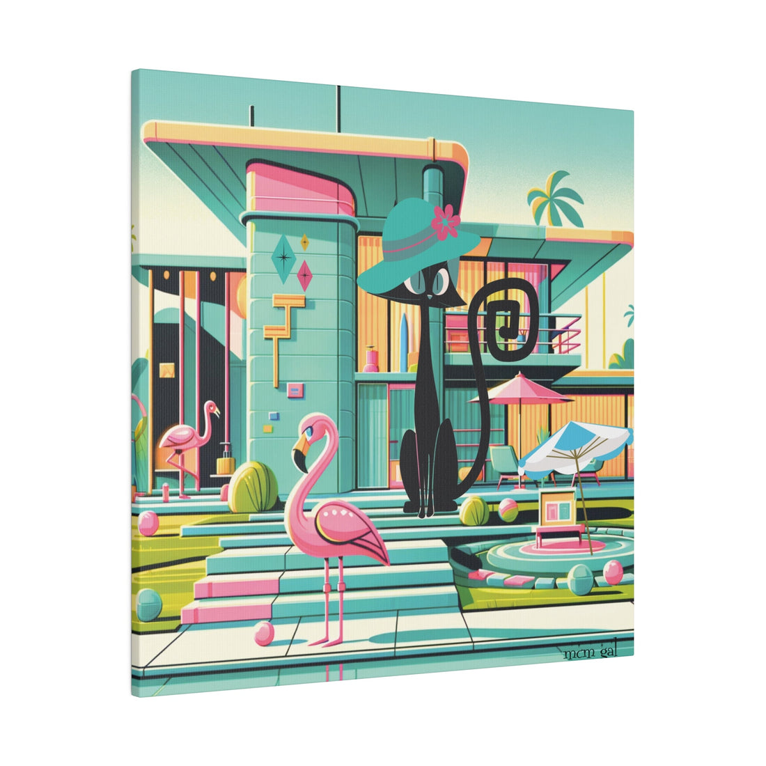 Mid Century Modern Wall Art, Atomic Kitty Cat, 50s Flamingo, Palm Springs Cali, Retro Pink, Aqua, Kitschy Canvas Art Canvas 24″ x 24″ (Square) / 0.75&