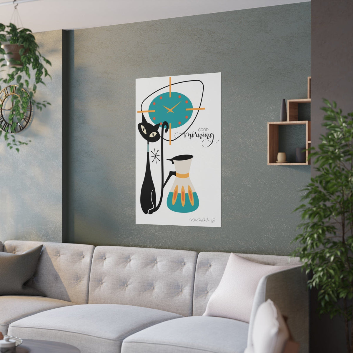 Atomic Cat, Mid Century Modern Kitchen Art, Atomic Clock, Good Morning, Kitchen Coffee Lover, Cat Momf Retro Satin Posters Poster 24″ x 36″