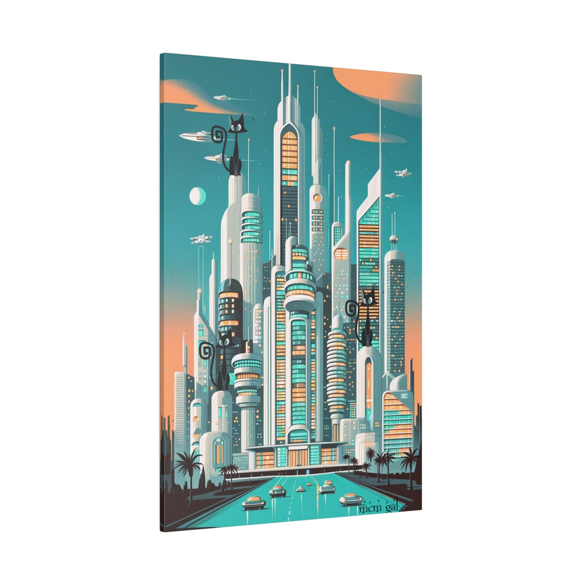 Atomic Cat, Cosmic, Sci-Fit Cat City, Mid Century Modern Matte Canvas Wall Art Canvas 24" x 36" (Vertical) / 0.75''