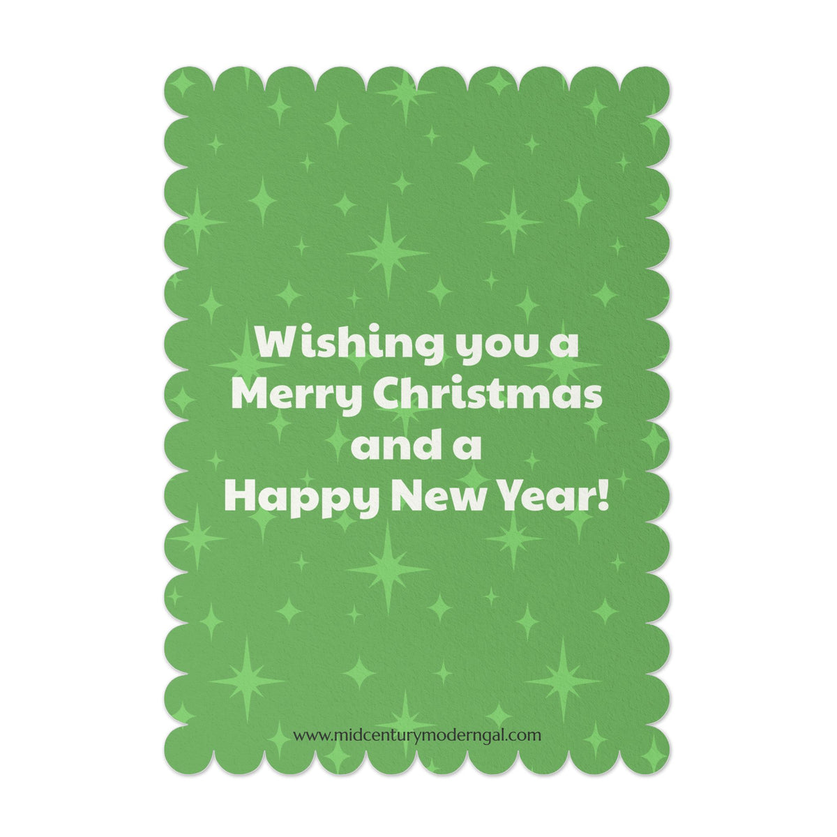 Mid Century Modern Gal Decorating Christmas Tree, Green Atomic Starbursts Flat Postcard Style Christmas Greeting Cards