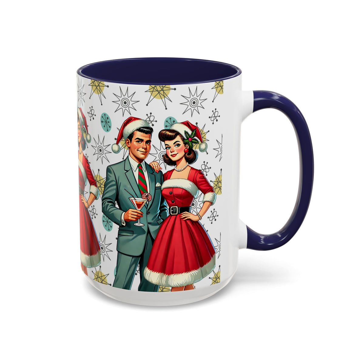 Mid Century Modern Christmas mug featuring a 50s starburst pattern with retro couple in festive attire.