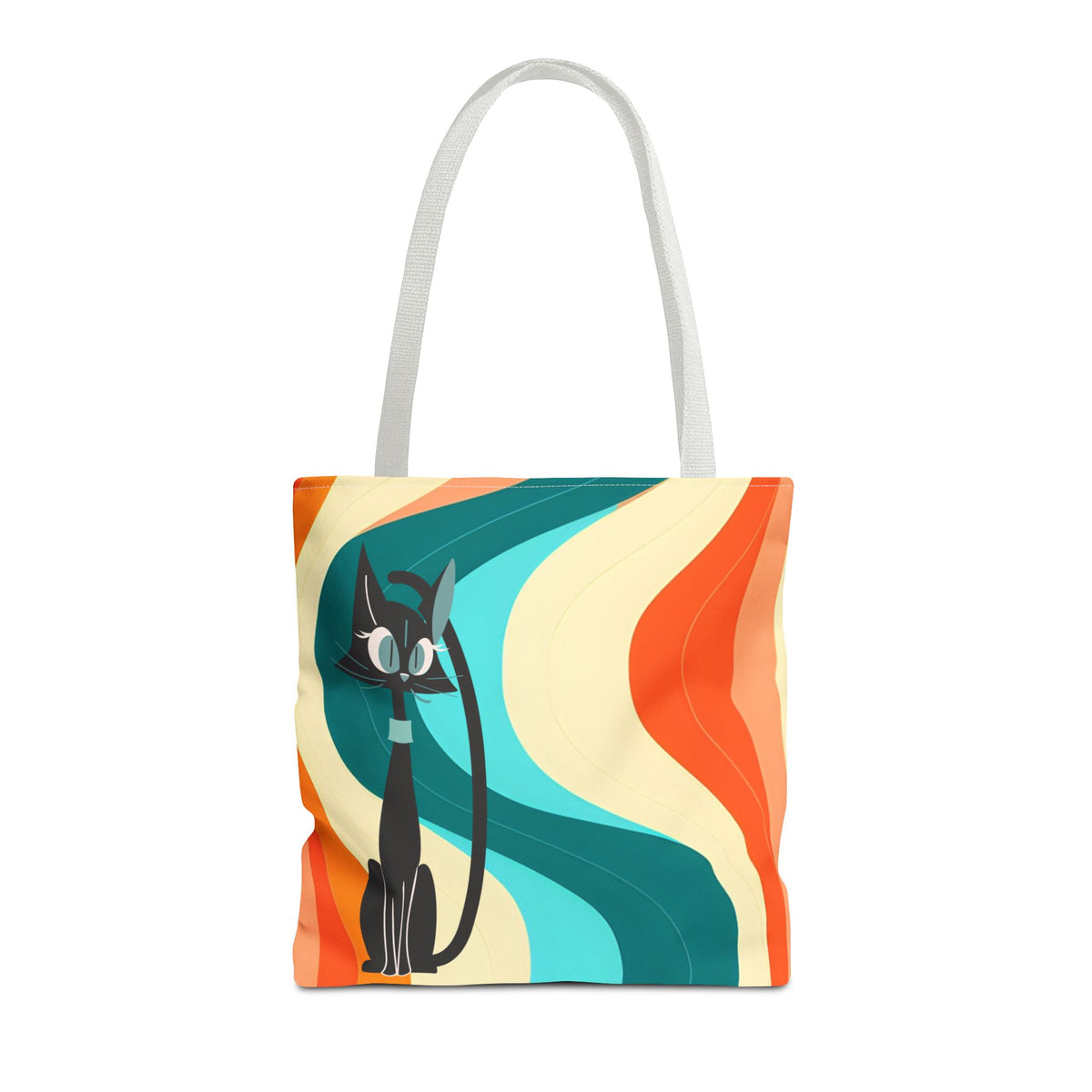 Atomic Cat Mid Mod tote bag featuring a sleek black cat design against vibrant retro swirls in teal, orange, and cream.
