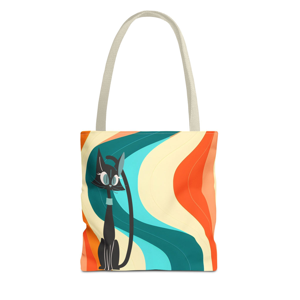 Atomic Cat Mid Mod tote bag featuring a sleek black cat design against vibrant retro waves in orange, teal, and cream.