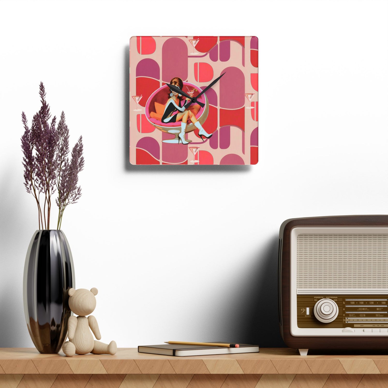 60s Mod Gal Retro Atomic Martini Cocktail Mid Century Modern Wall Clock - Mid Century Modern Gal