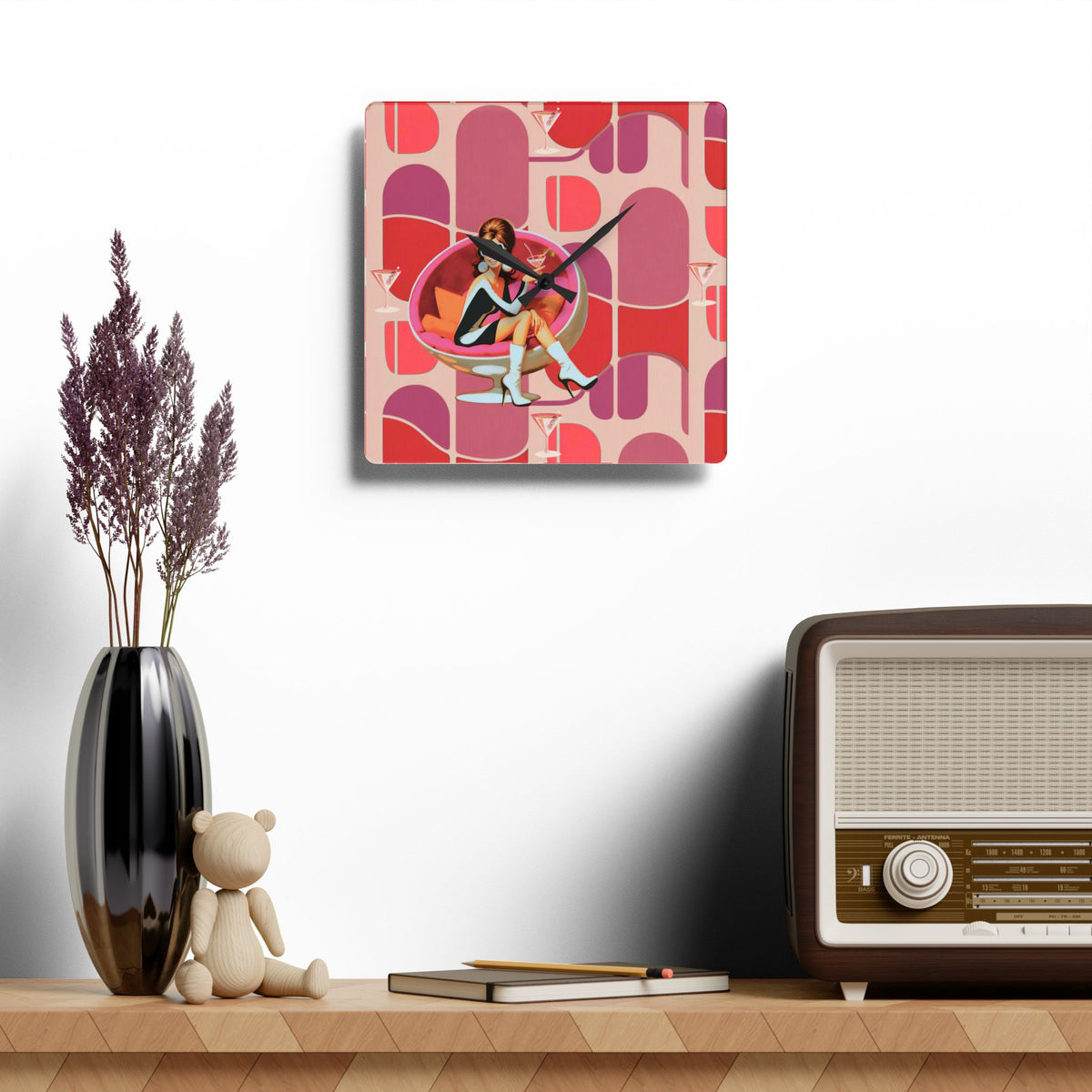 60s Mod Gal Retro Atomic Martini Cocktail Mid Century Modern Wall Clock - Mid Century Modern Gal