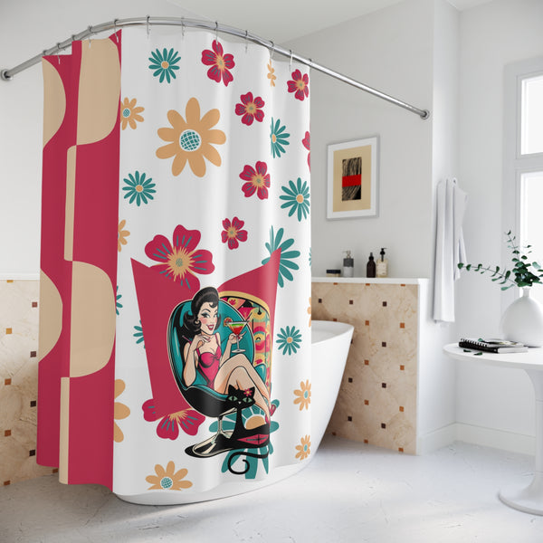 Mid Mod 60s Retro Gal Vintage Floral Shower Curtain | Retro Bathroom Decor | Boho Style