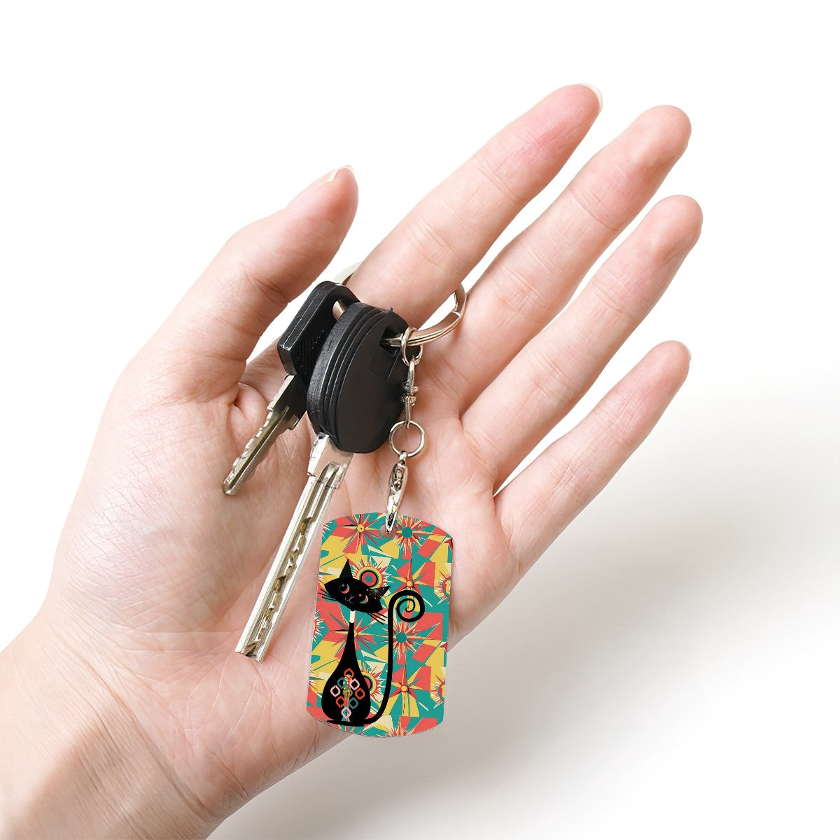 Atomic Cat Mid Mod Rectangular Metal Keychain - Mid Century Modern Gal