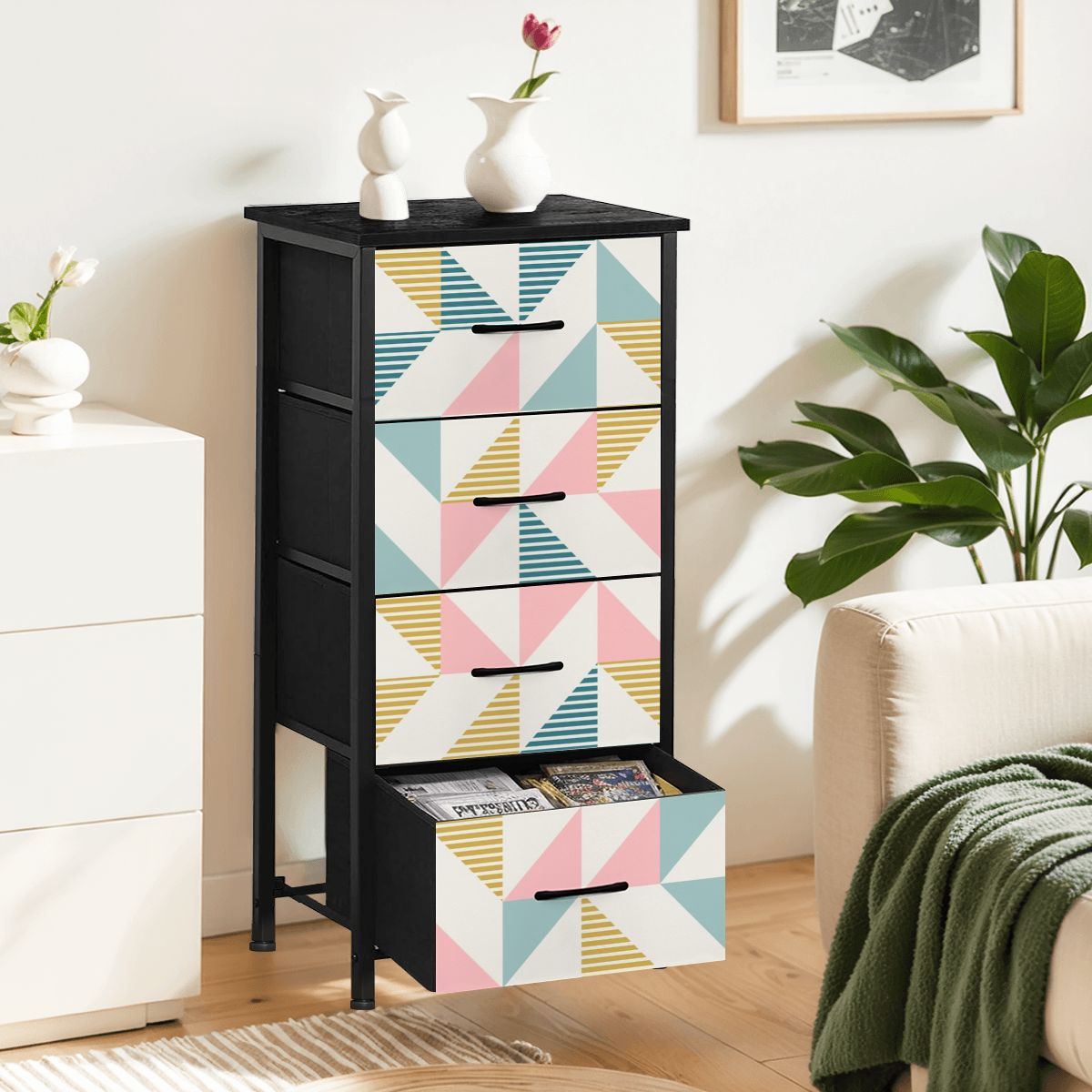 Mid Century Modern Geometric Pastel Design 4-Drawer Dresser - Mid Century Modern Gal