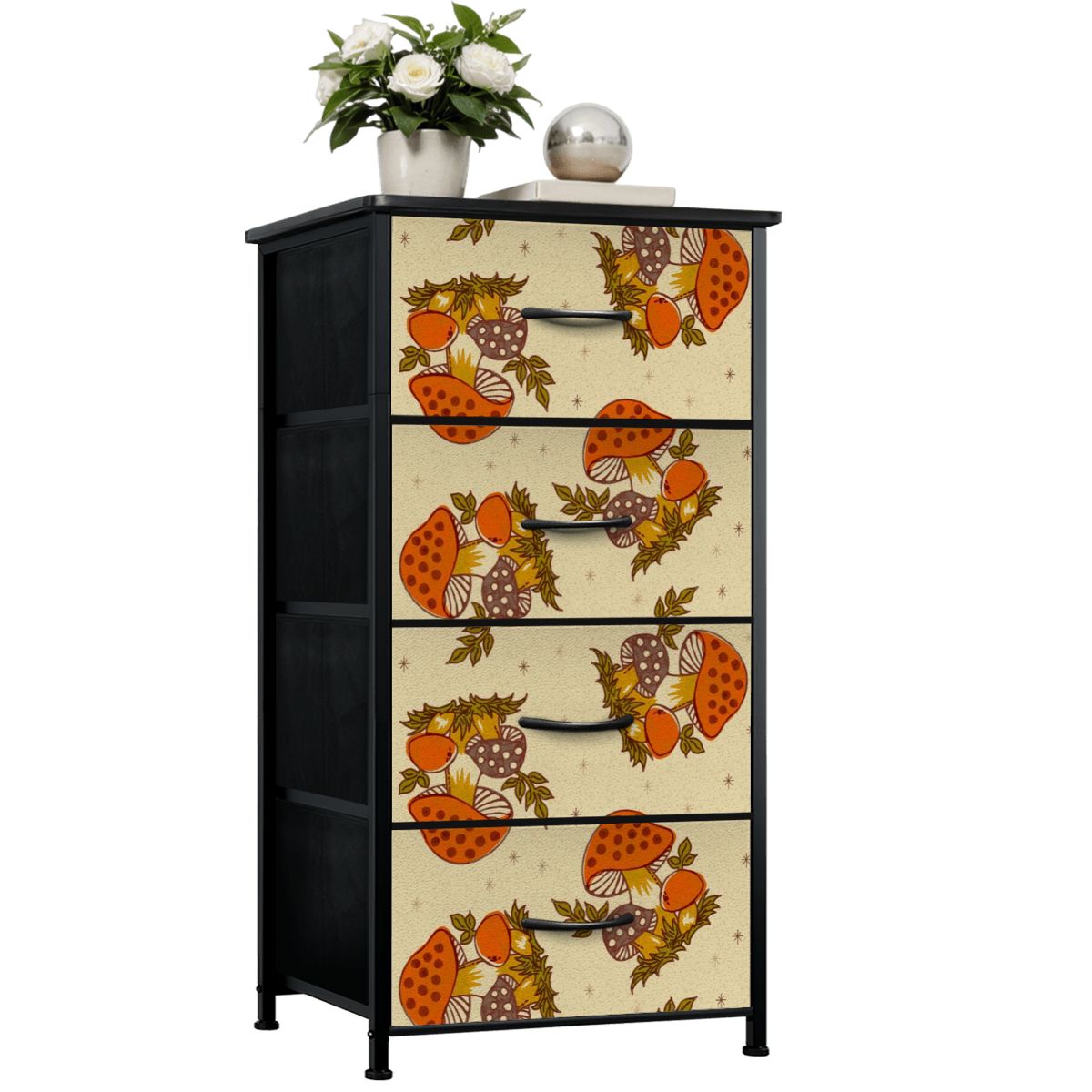 Merry Mushroom 70's Hippie Boho Orange, Groovy Cottagecore Mushroom 4-Drawer Dresser - Mid Century Modern Gal