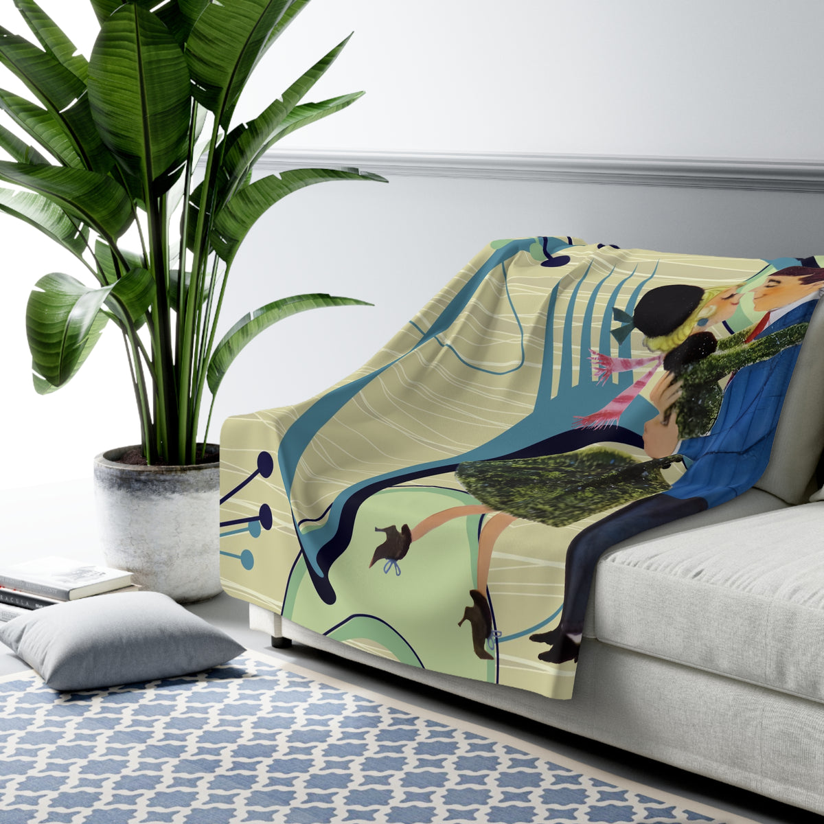 50s Vintage Kitschy Christmas Atomic Boomerang Mod Couple, Christmas Blanket Throw MCM X-mas Gifts - Mid Century Modern Gal