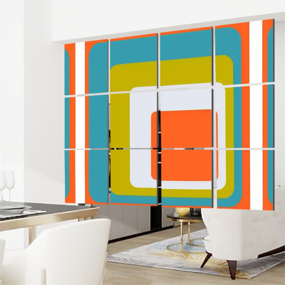 Retro Futuristic Modernism Groovy Orange, Blue, Green White MCM Hanging Room Divider