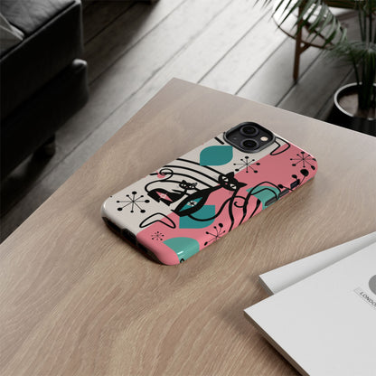 Mid Mod Atomic Cat Boomerang Starburst, Pink, Black Kitschy Stylish Cat Phone Case: Modern Design for Cat Lovers