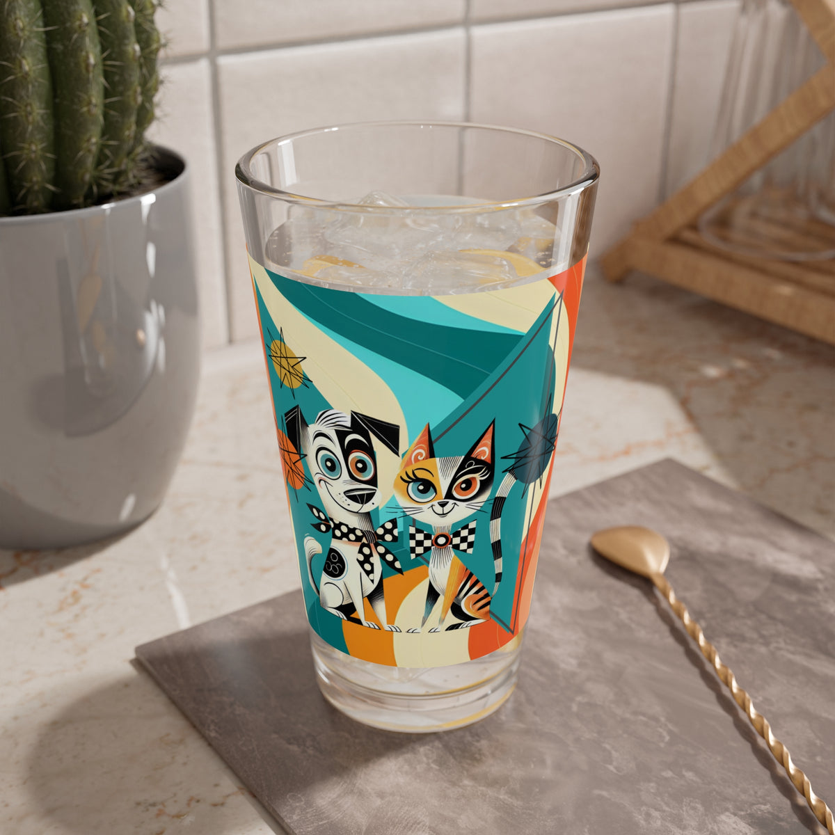 Mid Century Modern Barcart, MCM Glassware, Kitschy Mod Dog, Atomic Cat, Retro Barware Mixing Glass, 16oz - Mid Century Modern Gal
