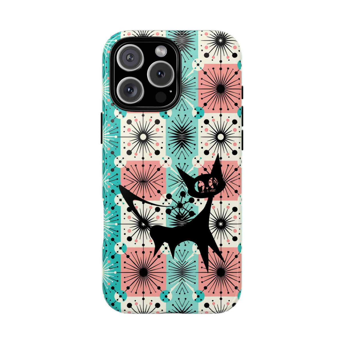 Atomic Kitschy Cat, Mid Century Modern Pink, Aqua Starbursts Tough Phone Case