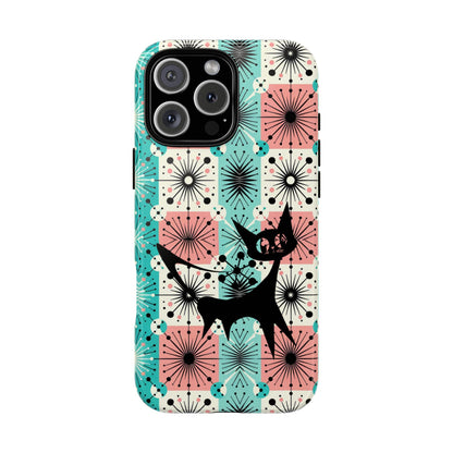 Atomic Kitschy Cat, Mid Century Modern Pink, Aqua Starbursts Tough Phone Case