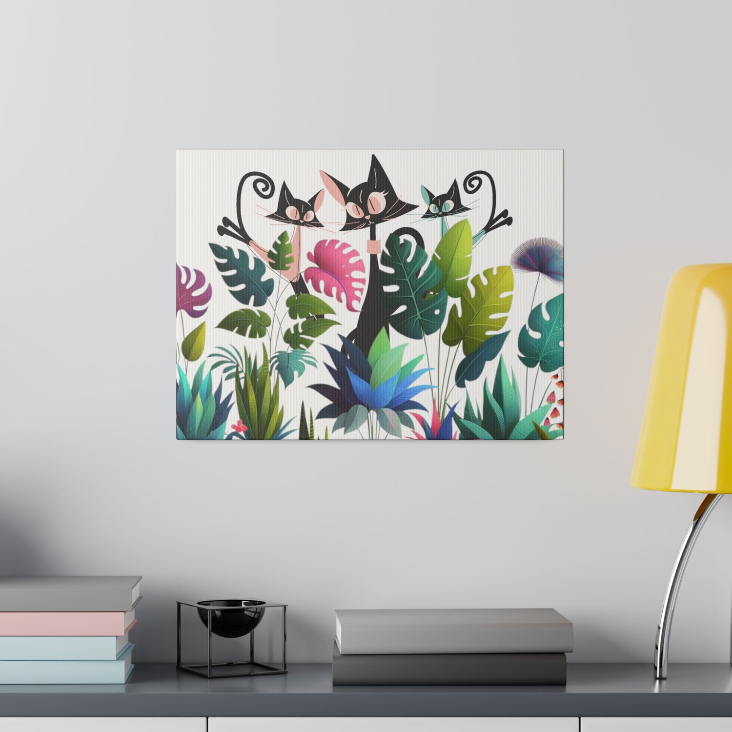 Cats And Plants, Crazy Cat Mom, Boho Plants, Funky Fun Colorful Office, Livingroom, Bedroom Atomic Cat Mid Century Modern Wall Art