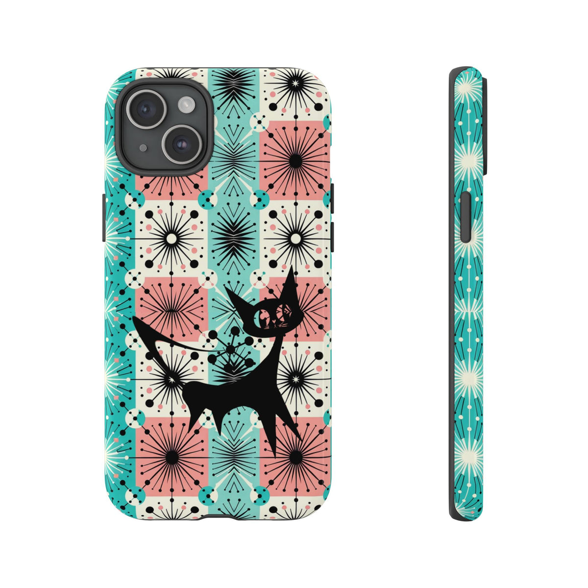Atomic Kitschy Cat, Mid Century Modern Pink, Aqua Starbursts Tough Phone Case