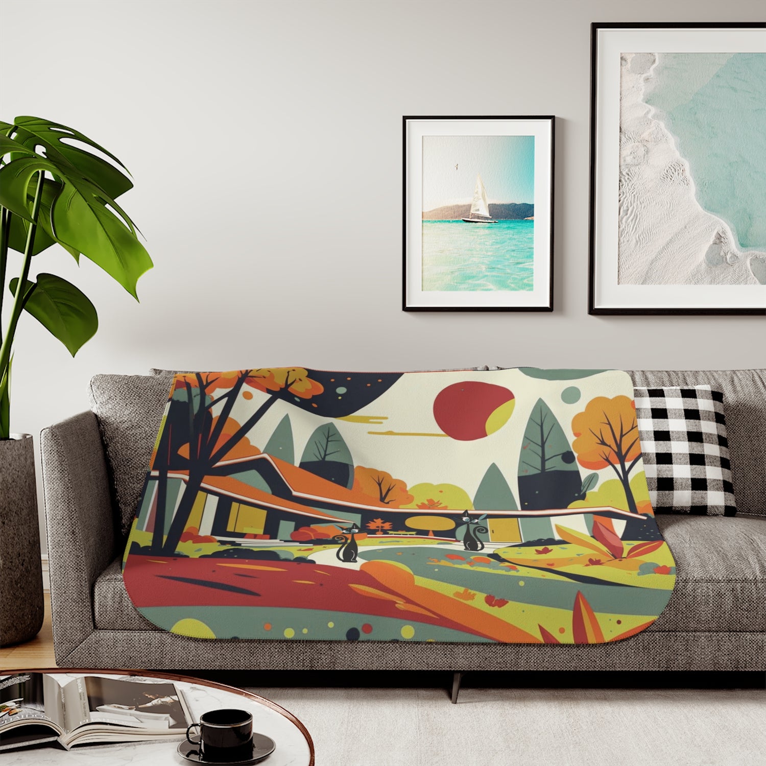 Scandinavian Floral Mid Century Modern Atomic Cat Kitschy Seasonal Sherpa Blanket - Mid Century Modern Gal