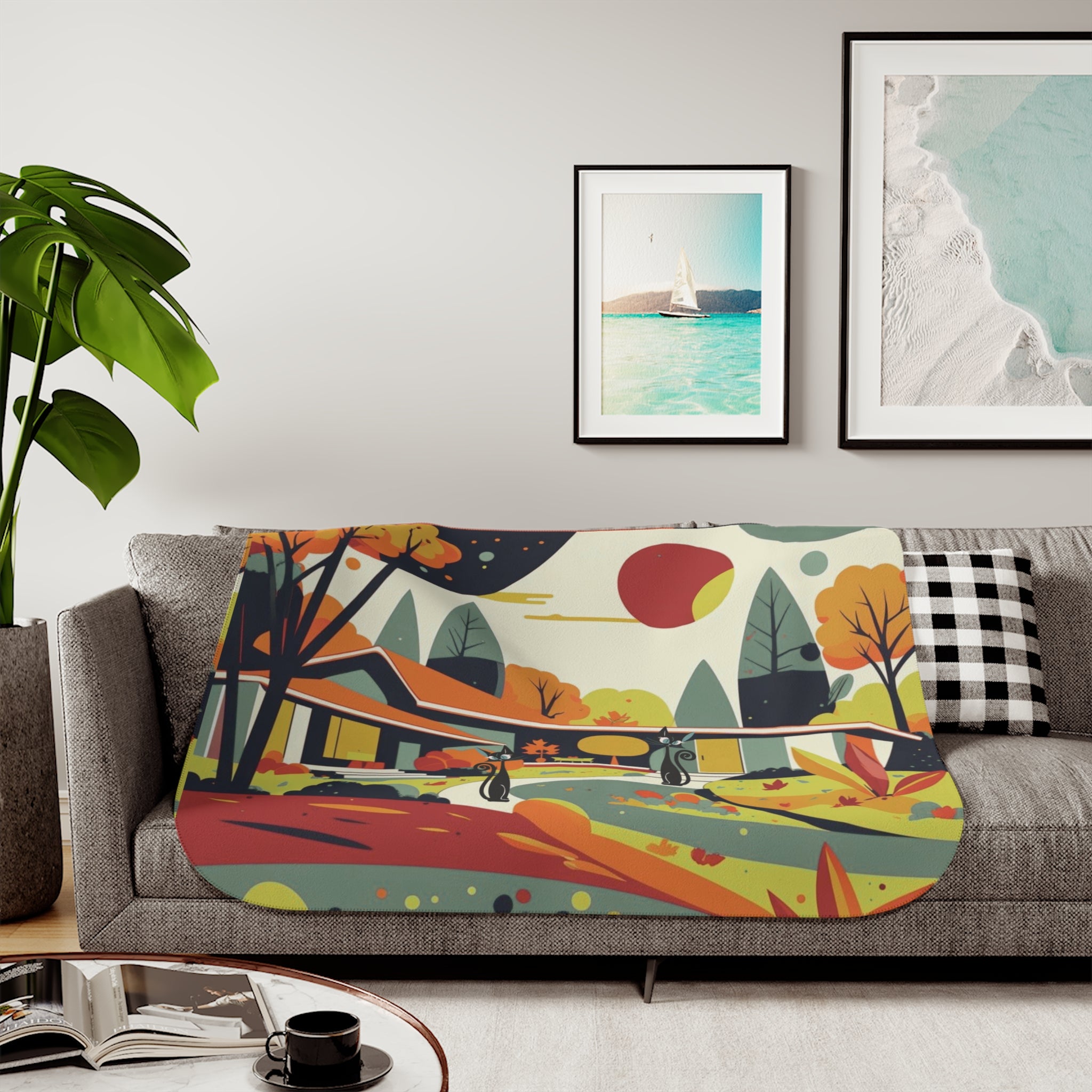 Scandinavian Floral Mid Century Modern Atomic Cat Kitschy Seasonal Sherpa Blanket - Mid Century Modern Gal