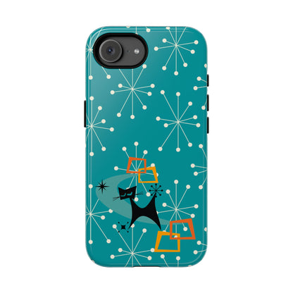 Atomic Space Cat, Starburst Blue, Retro Groovy Smart Phone Tough Phone Cases