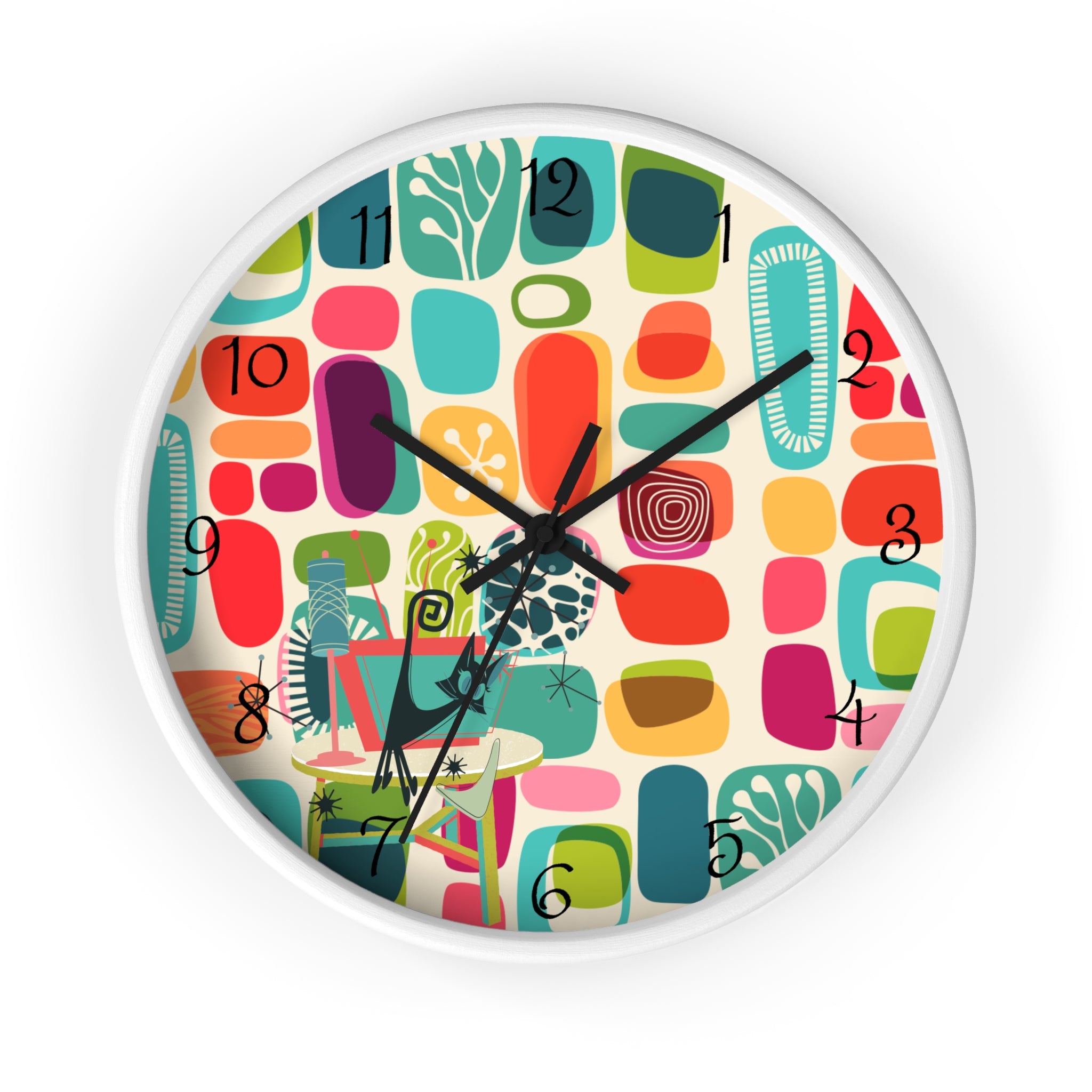 Mid Mod Amoeba Design With Kitschy Atomic Cat, Quirky Fun Retro Wall Clock