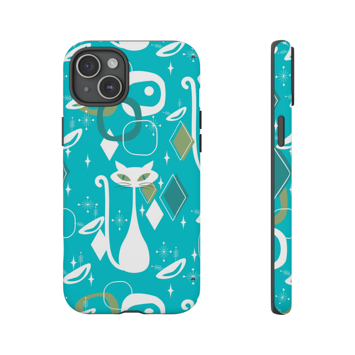 Atomic Cat Space Designs, Mid Century Modern, Aqua, White Kitschy Cat Tough Phone Case