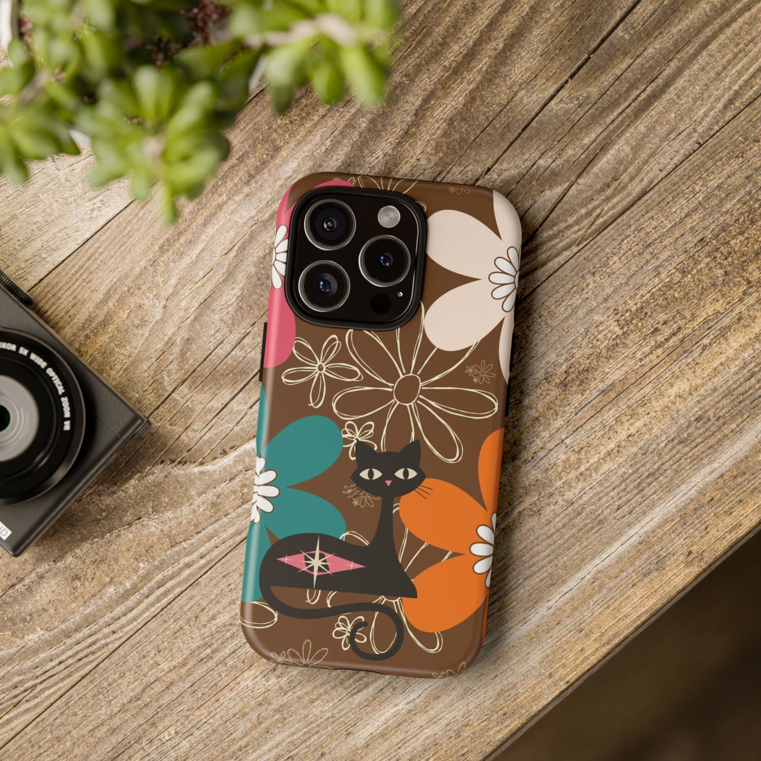 Atomic Cat Retro 70s Vibe Flower Power Tough Cases: Cute Floral and Cat Phone Case for Cat Lovers
