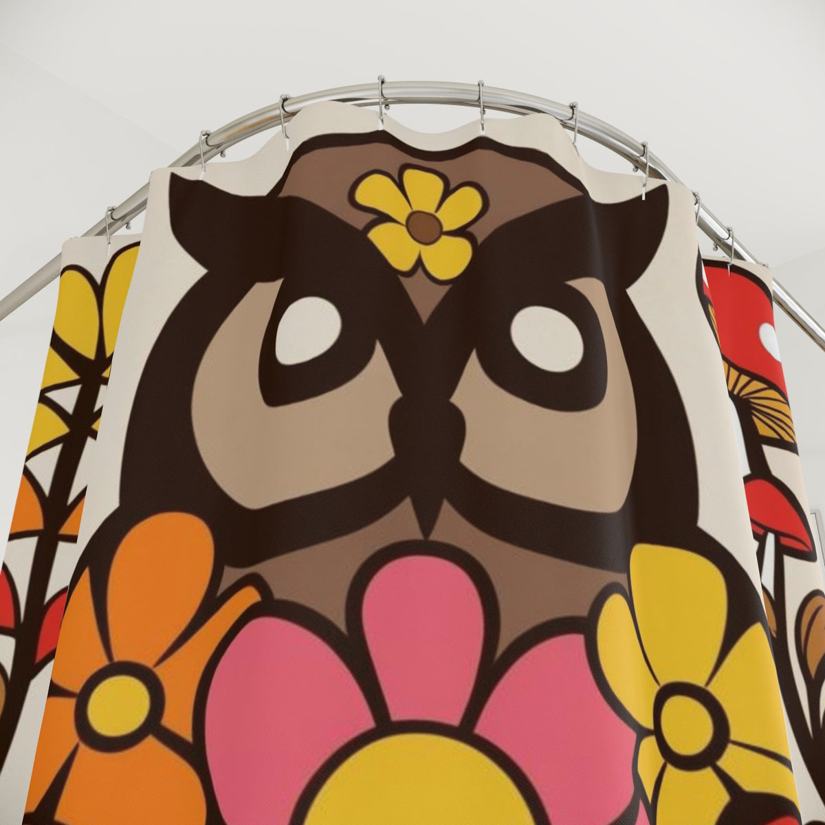 Retro Groovy 70s Owl, Mushroom Floral Bohemian Owl Shower Curtain - Colorful Floral Design for a Cozy Bathroom - Mid Century Modern Gal