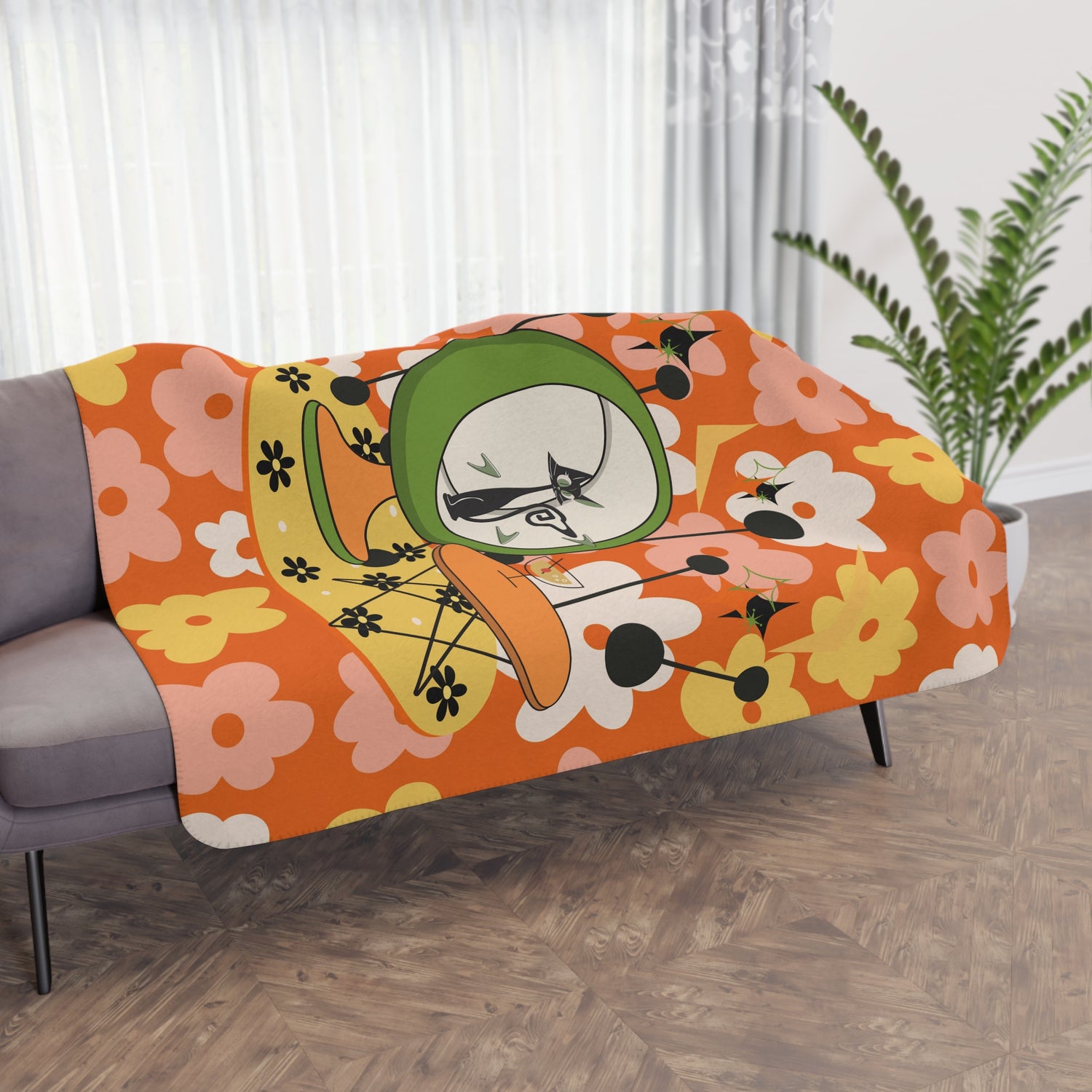 Atomic Cat Retro Orange Flower Power Mid Century Modern Kitschy Mod Cozy Blanket - Mid Century Modern Gal