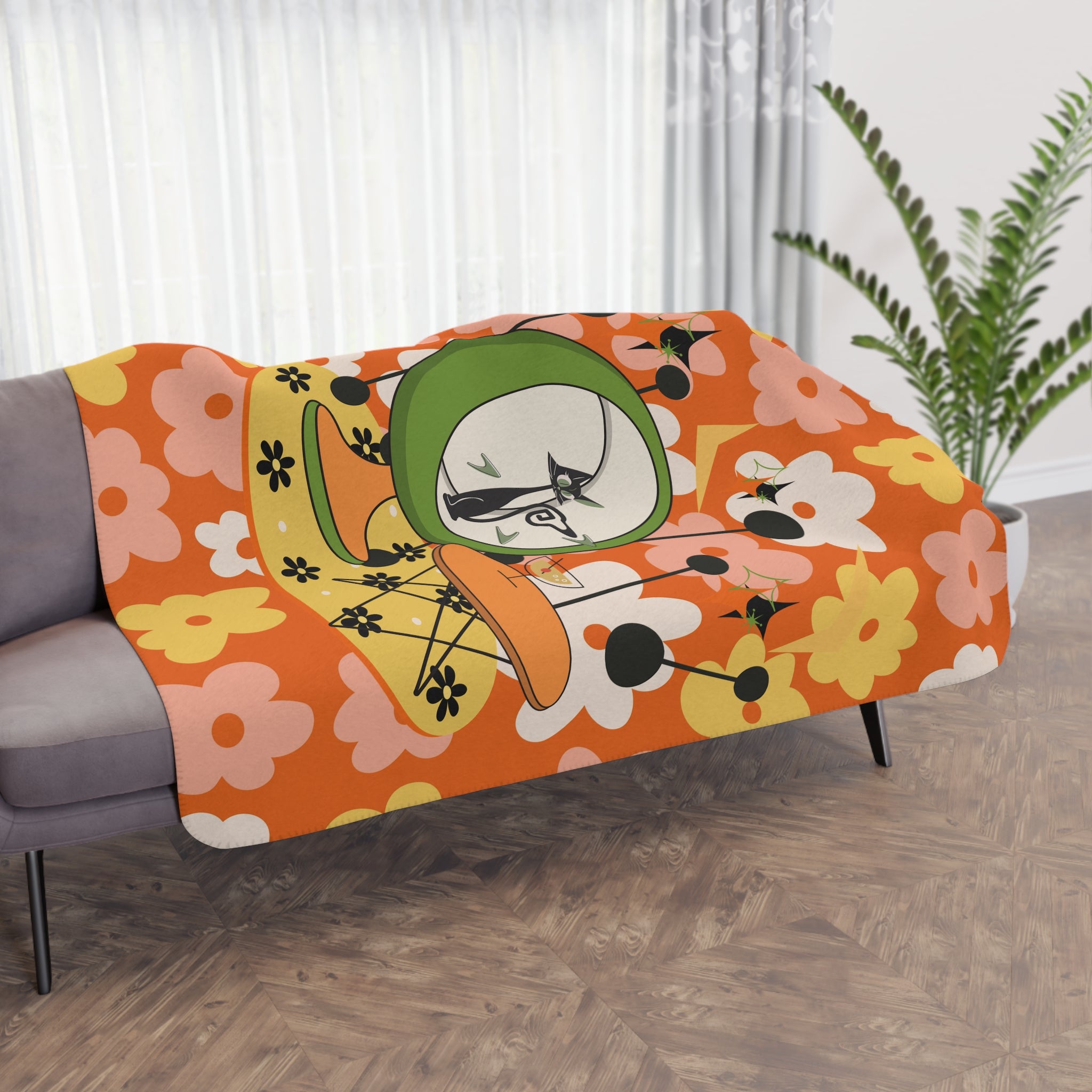 Atomic Cat Retro Orange Flower Power Mid Century Modern Kitschy Mod Cozy Blanket - Mid Century Modern Gal