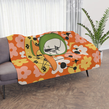 Atomic Cat Retro Orange Flower Power Mid Century Modern Kitschy Mod Cozy Blanket - Mid Century Modern Gal
