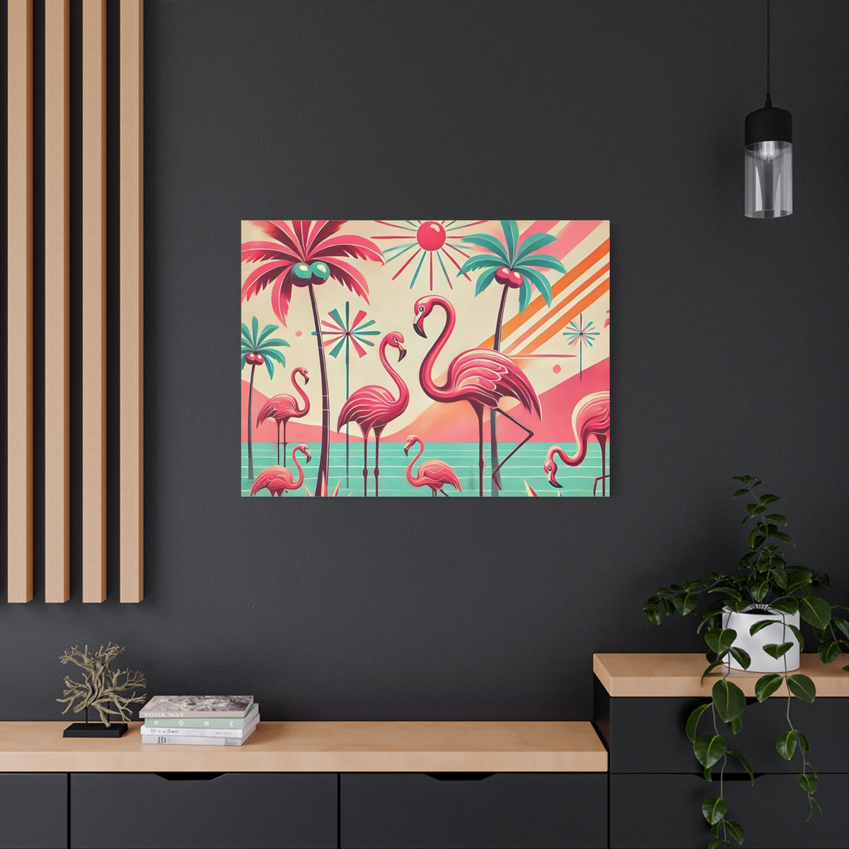 1950s Mid Century Modern Flamingo Art, Kitschy Pink, Teal, MCM Matte Canvas - Mid Century Modern Gal