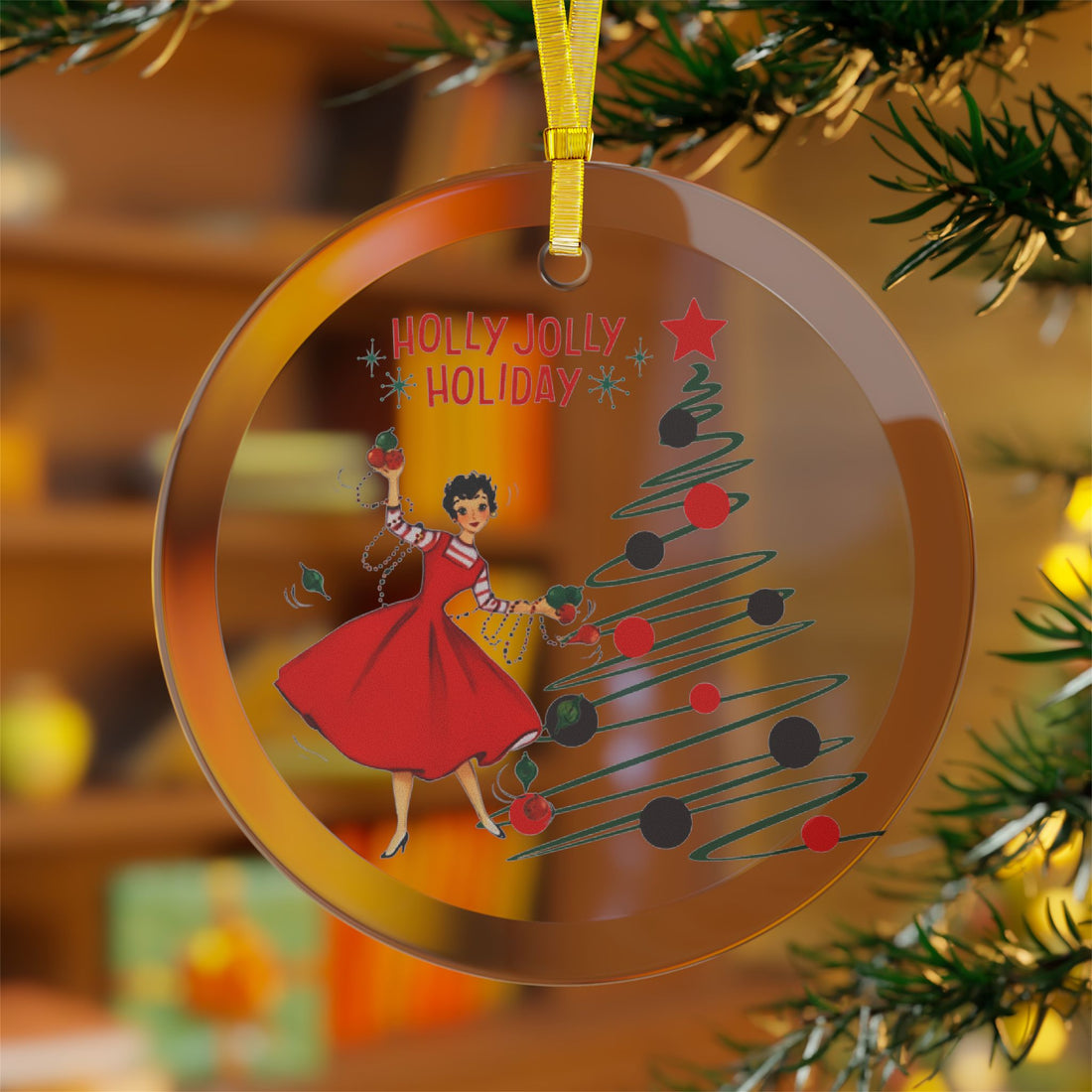 Mid Century Modern Christmas Holly Jolly Holiday Glass Ornament- Vintage 50s Kitsch Christmas Decor