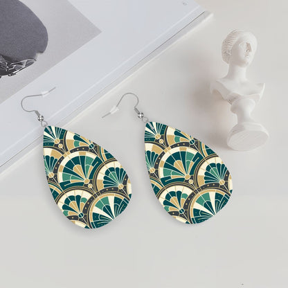 Art Deco Peacock Inspired Vegan Leather Teardrop Earrings - Mid Century Modern Gal